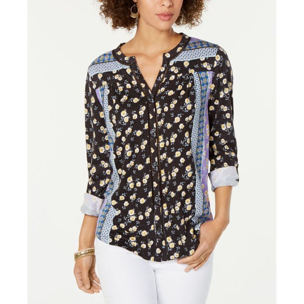 Style & Co Printed Button Neck Top